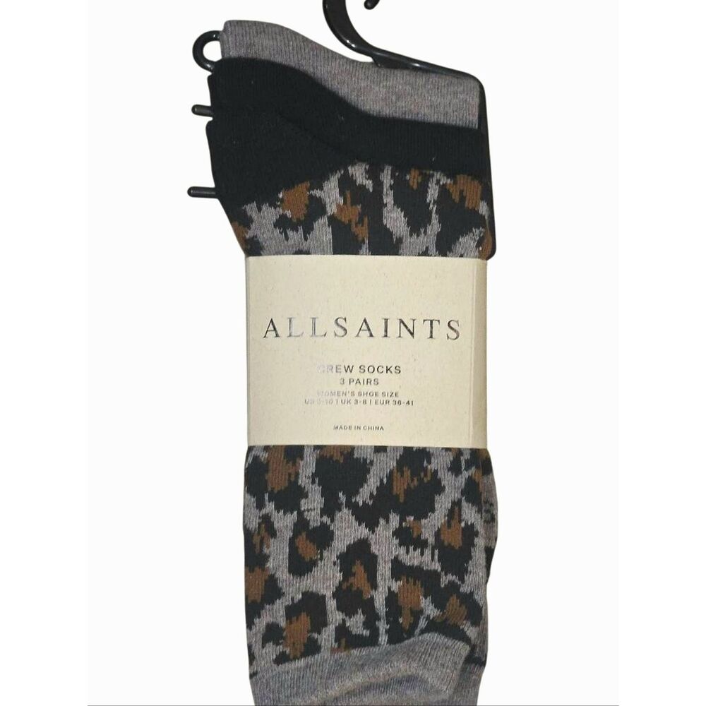 All Saints 3-PK Leopord Print/Solid Crew Socks